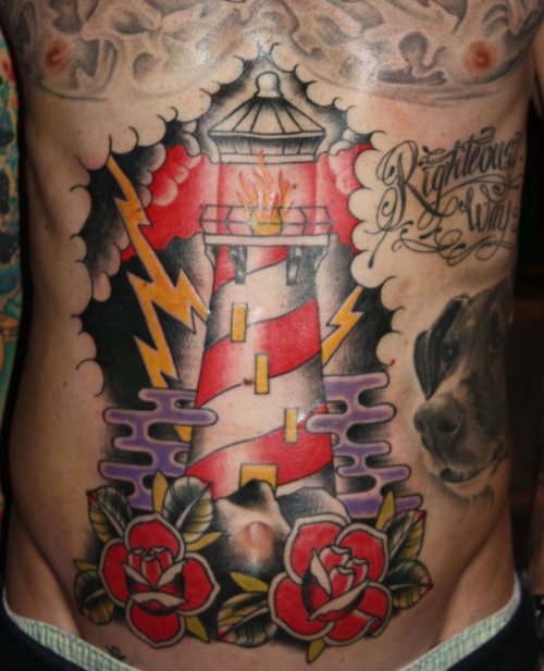 Red Roses And Lighthouse Tattoo On Belly