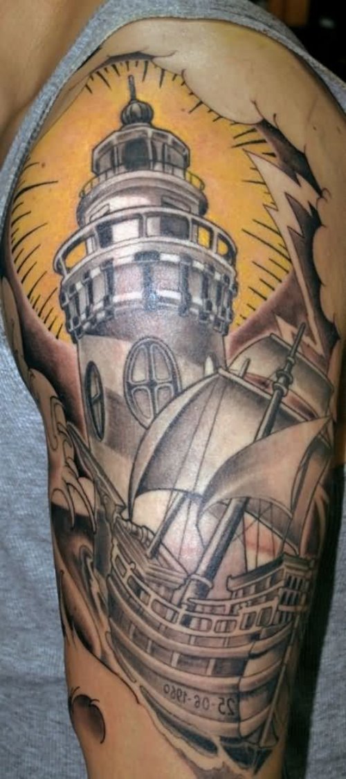 Grey Ink Lighthouse Tattoo On Left Half Sleeve