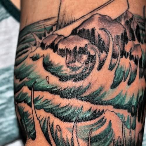 Water Lighthouse Tattoo On Bicep
