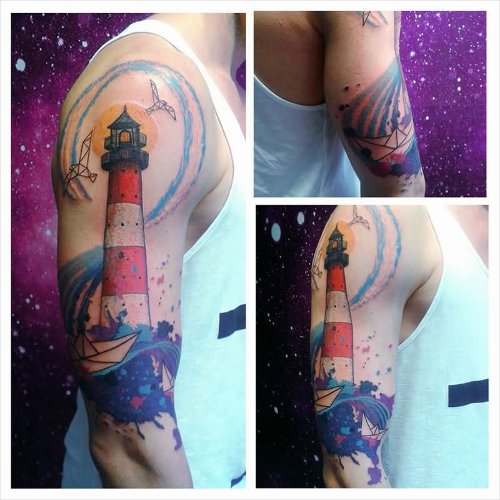 Color Ink Lighthouse Tattoo On Right Half Sleeve