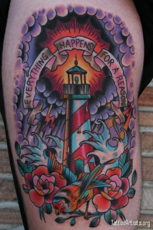 Rose Flowers And Lighthouse Tattoo On Half Sleeve