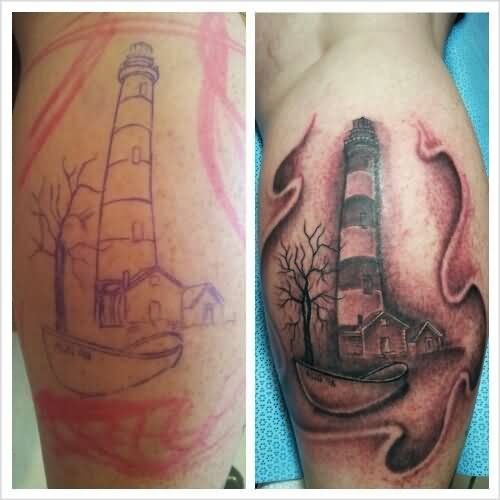 Grey Ink Lighthouse Tattoo On Back Leg