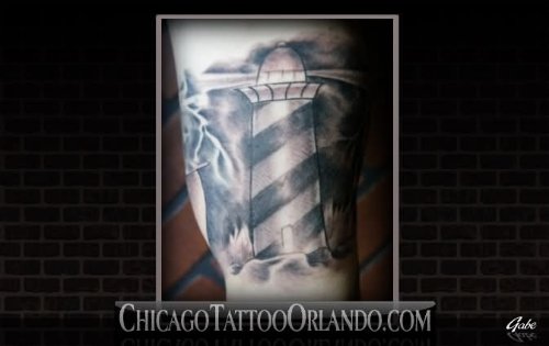 Attractive Grey Ink Lighthouse Tattoo On Full SLeeve