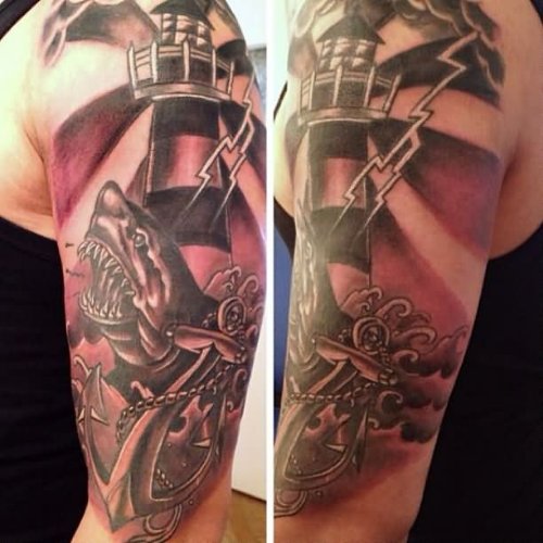 Girl Left Sleeve Grey Ink Lighthouse Tattoo