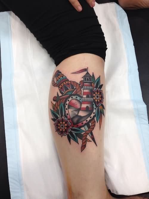 Color Flowers Lighthouse Tattoo On Leg
