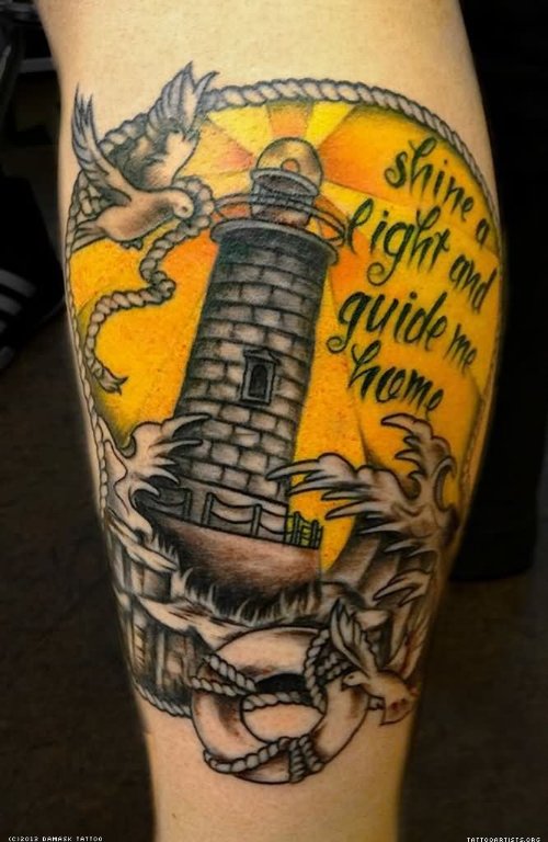 Ship And Lighthouse Tattoo On Back Leg