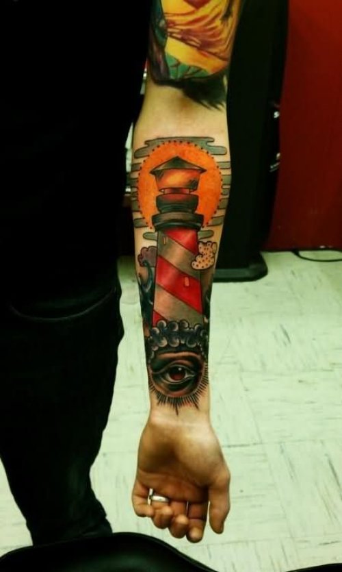 Left Forearm Color Ink Lighthouse Tattoo