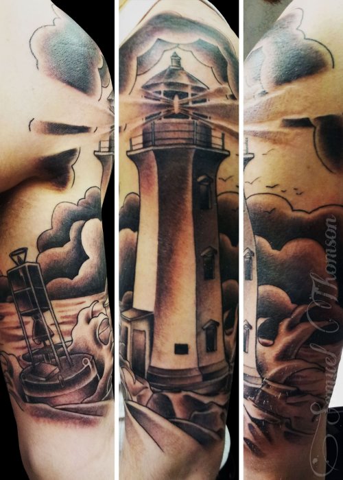 Grey Ink Lighthouse Tattoo On Half Sleeve For Men