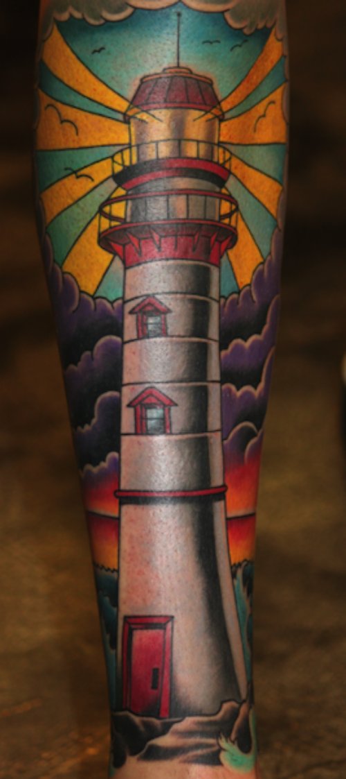 Amazing Colored Lighthouse Tattoo On Leg Sleeve