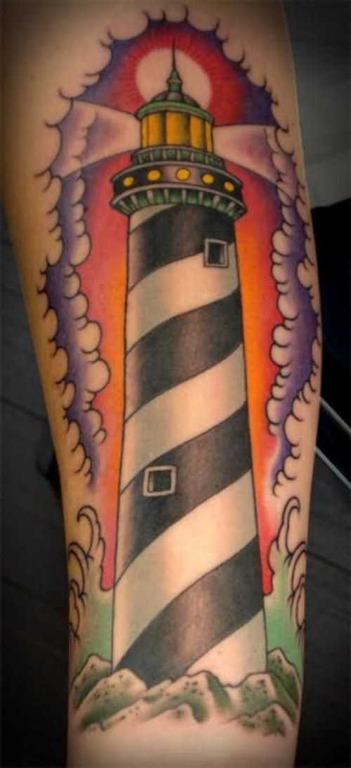 Full Sleeve Color Ink Lighthouse Tattoo