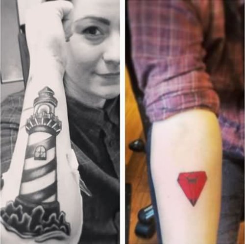 Red Diamond And Lighthouse Tattoo On Arm