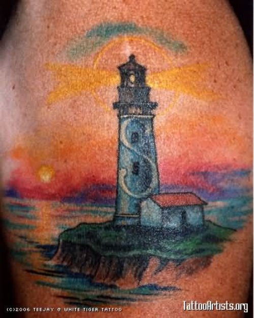 Colored Lighthouse Tattoo On Shoulder