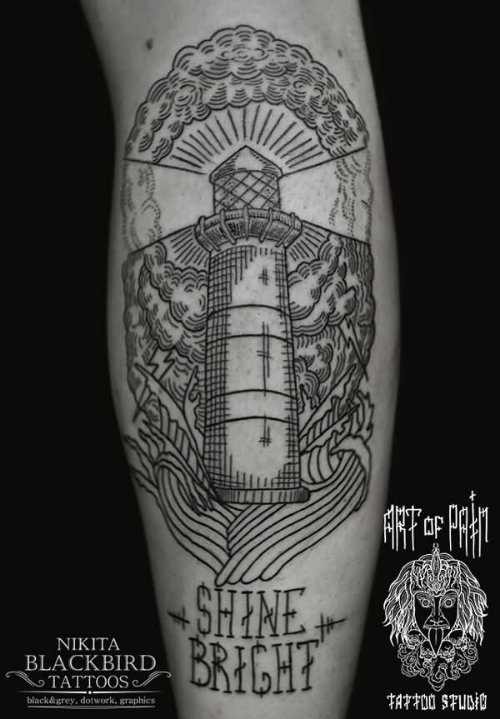 Grey Ink Lighthouse Tattoo On Right Back Leg