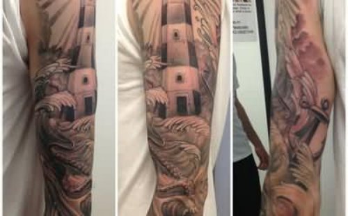 Grey Ink Lighthouse Tattoo On Full Sleeve