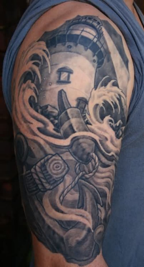 Grey Ink Right Half Sleeve Lighthouse Tattoo For Men