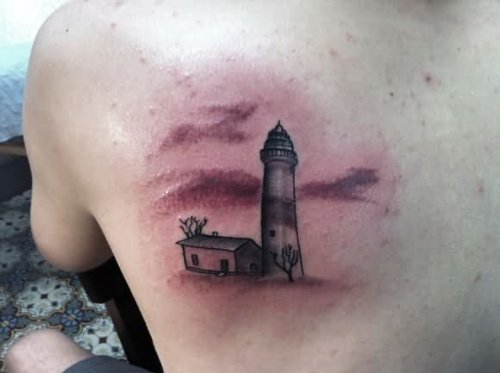 Left Back Shoulder Home And Lighthouse Tattoo