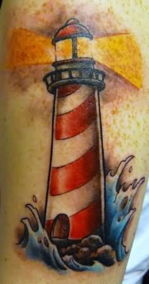 Best Color Ink Lighthouse Tattoo On Leg