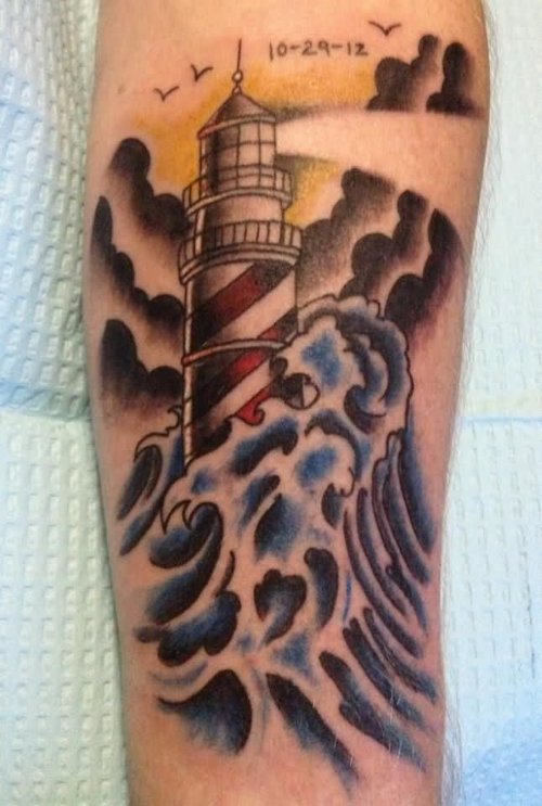 Water Storm And Lighthouse Tattoo