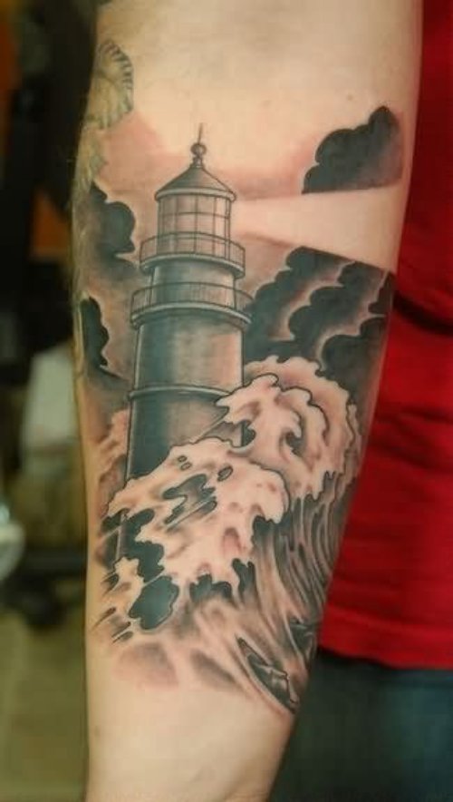 Grey Ink Lighthouse Tattoo On Arm Sleeve For Men
