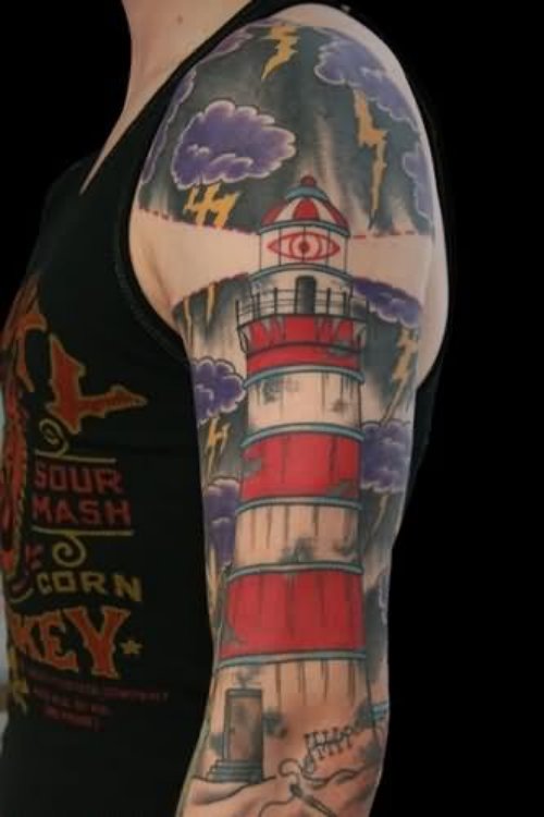 Man Left Half Sleeve Lighthouse Tattoo For Men