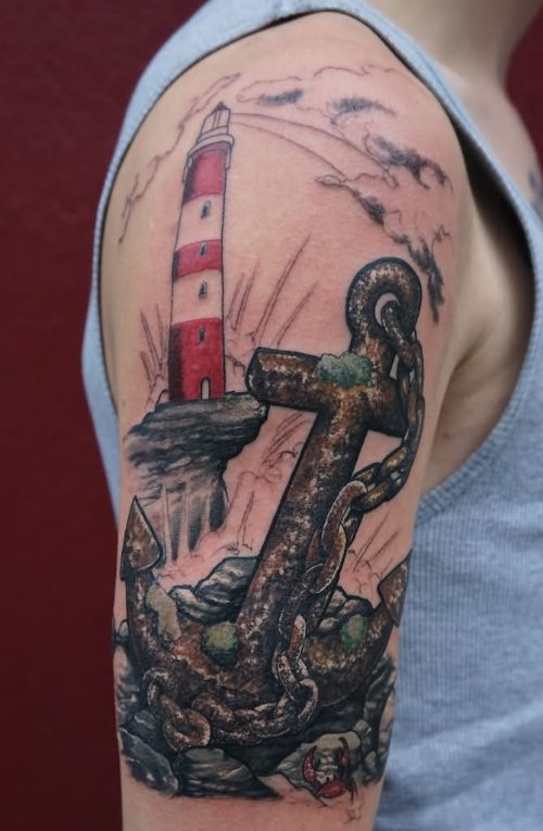 Lighthouse Tattoo On Right Half Sleeve