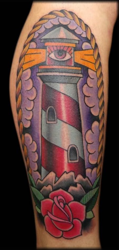 Attractive Red Rose And Lighthouse Tattoo on Leg