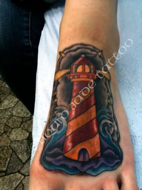 Left Foot Color Ink Lighthouse Tattoo