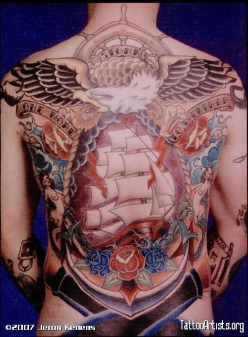 Beautiful Man Back Body Lighthouse Tattoo