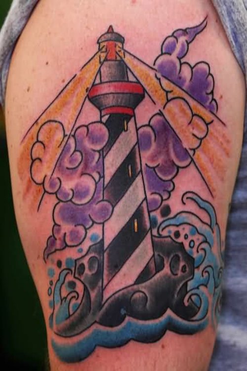 Bicep Color Ink Lighthouse Tattoo