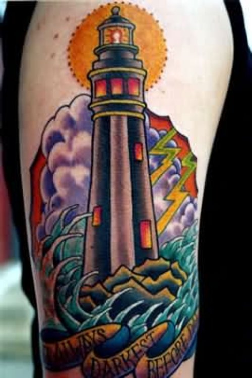 Impressive Lighthouse Tattoo On Half Sleeve