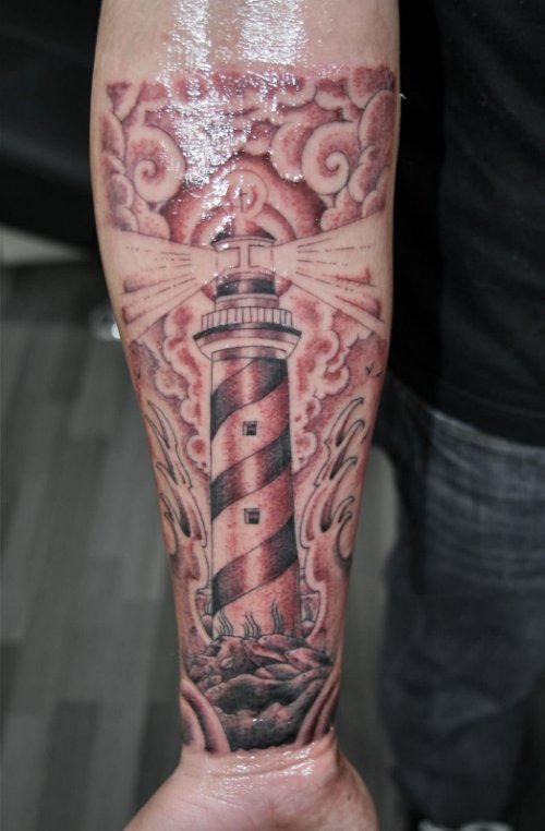 Grey Ink Lighthouse Tattoo On Right Forearm