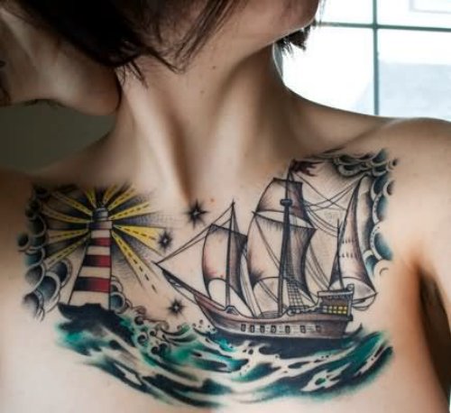 Ship And Lighthouse Tattoo On Chest