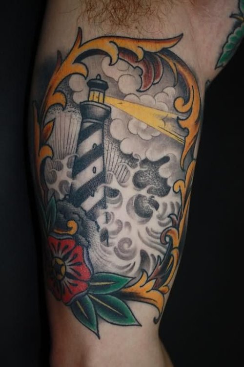 Rose Flower With Lighthouse Tattoo On Half Sleeve