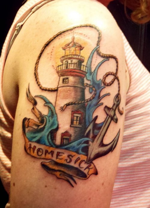 Right Shoulder Anchor And Lighthouse Tattoo