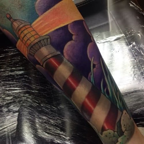 Nautical Lighthouse Tattoo On Leg Sleeve