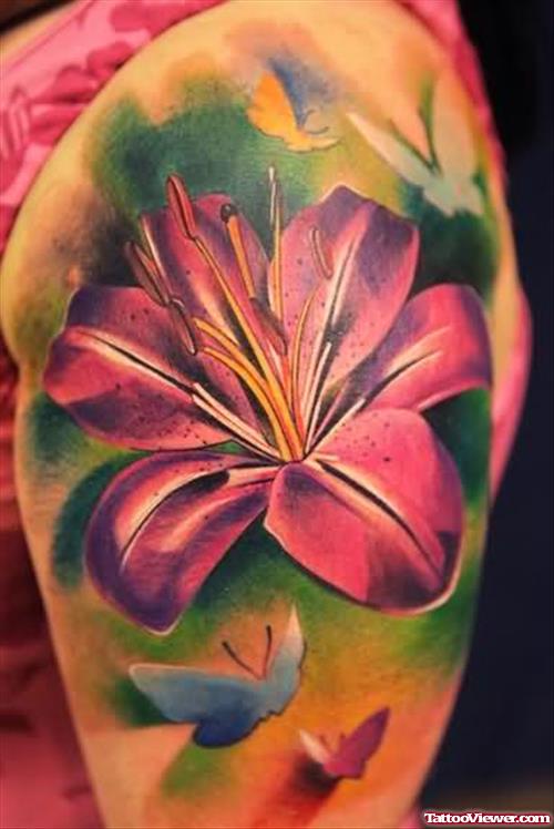 Colourful Lily Tattoo On Shoulder