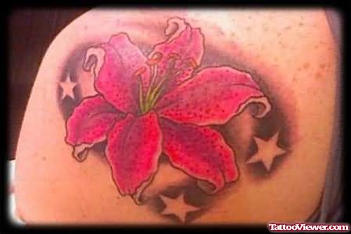 Stargazer Lily Flower Tattoo On Back Shoulder