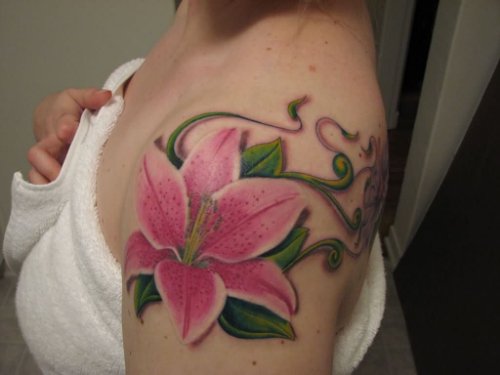 Beautiful Left Shoulder Lily Flower Tattoo