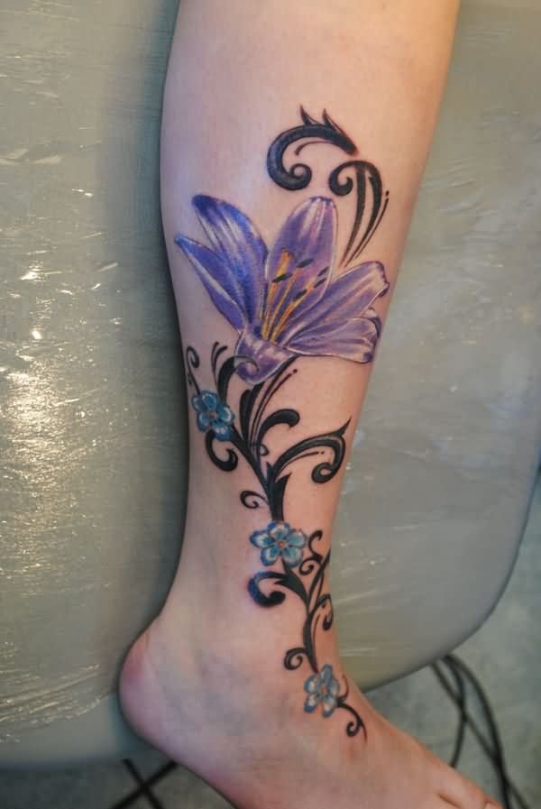 Color Lily Tattoo On Right Leg