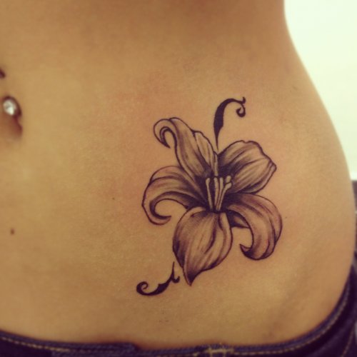 Grey Lily Tattoo On Hip For Girls