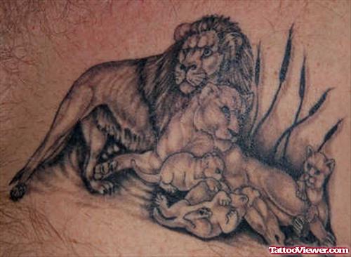 Grey Ink Lion Family Tattoo