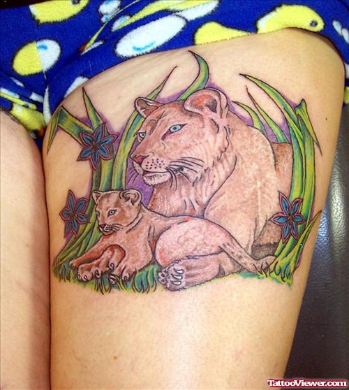 Lion With Cub Tattoo On Left Thigh