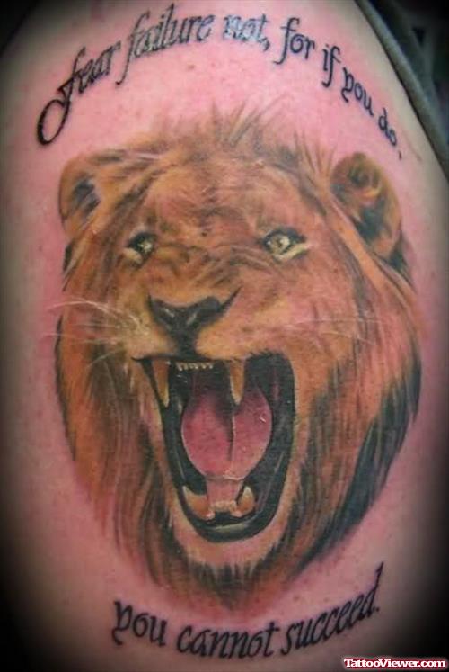 Lettering And Roaring Lion Tattoo On Shoulder