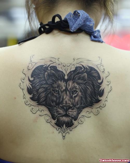 Heart And Lion Head Tattoo On BAck