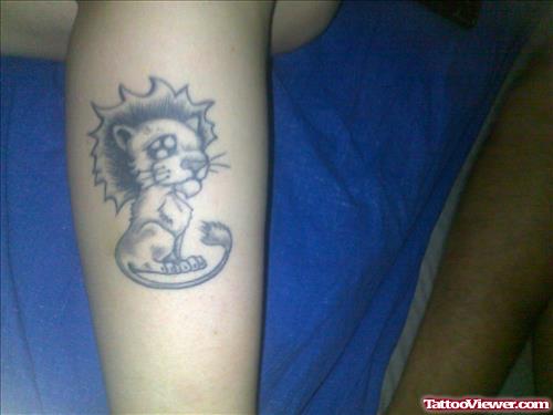 Awesome Grey Ink Lion Tattoo On Leg