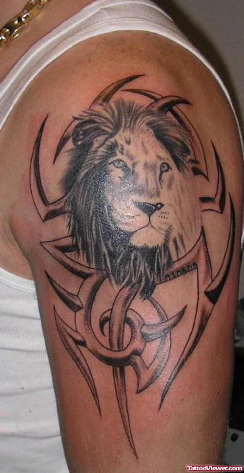 Tribal And Lion Head Tattoo On Shoulder