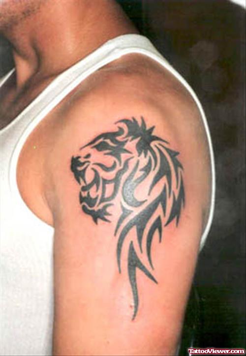 Black Ink Tribal Lion Tattoo On Left Shoulder