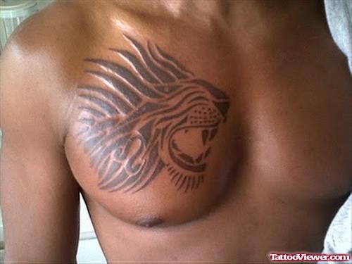 Awful Tribal Lion Head Tattoo On Chest