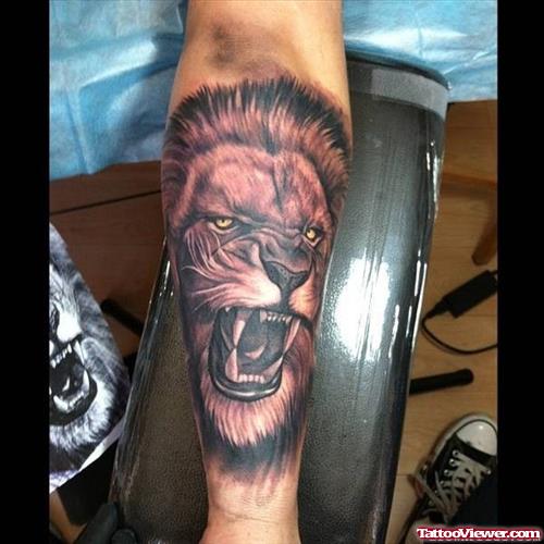 Dark Ink Lion Head Tattoo On Arm