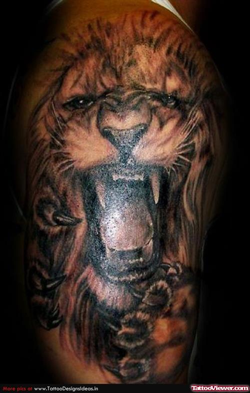 Roaring Lion Head Tattoo On Half Sleeve